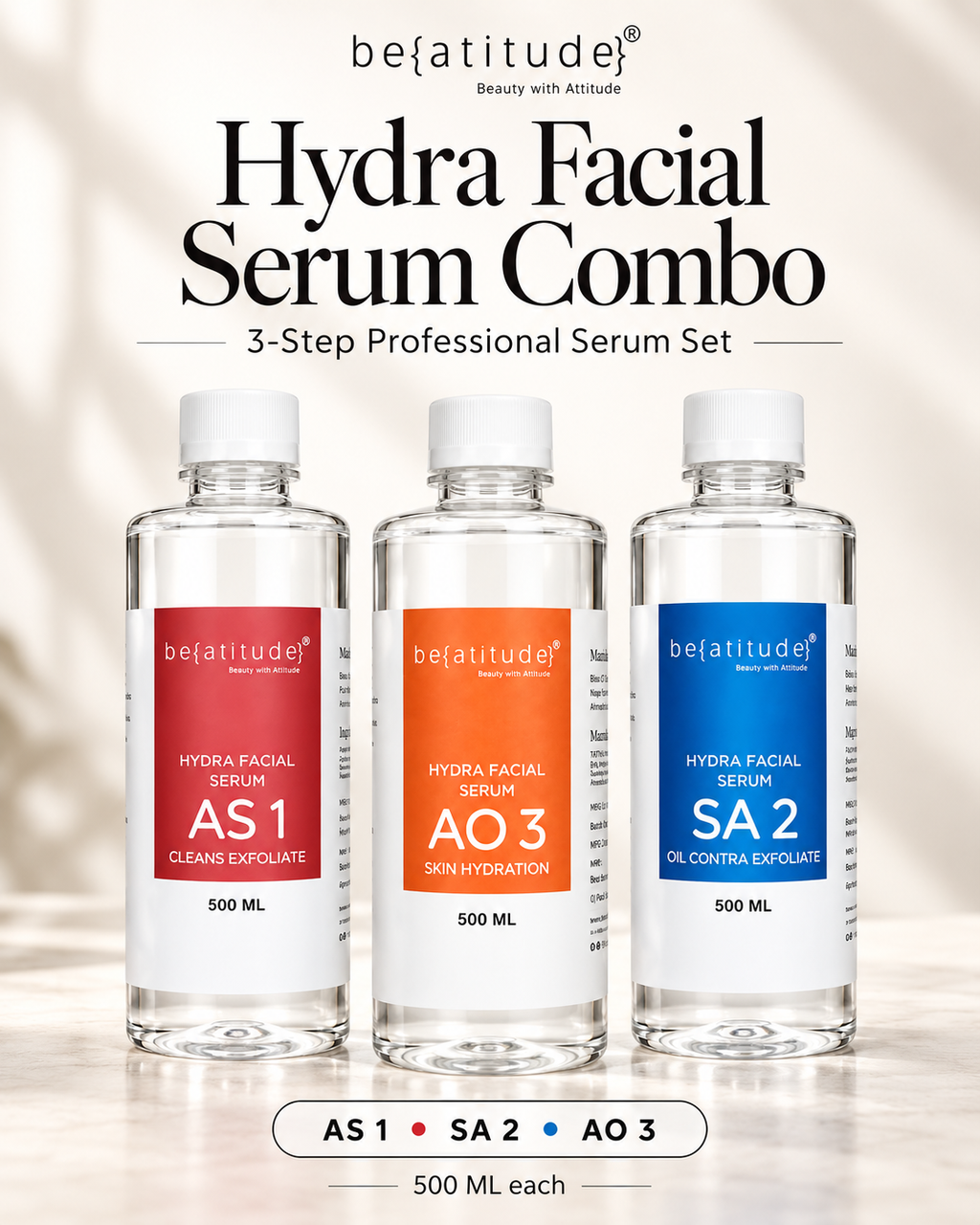 Beatitude Hydra Facial Serum Combo | AS1 + SA2 + AO3 | Professional 3-Step Hydra Facial Solutions | 3 × 500 ML
