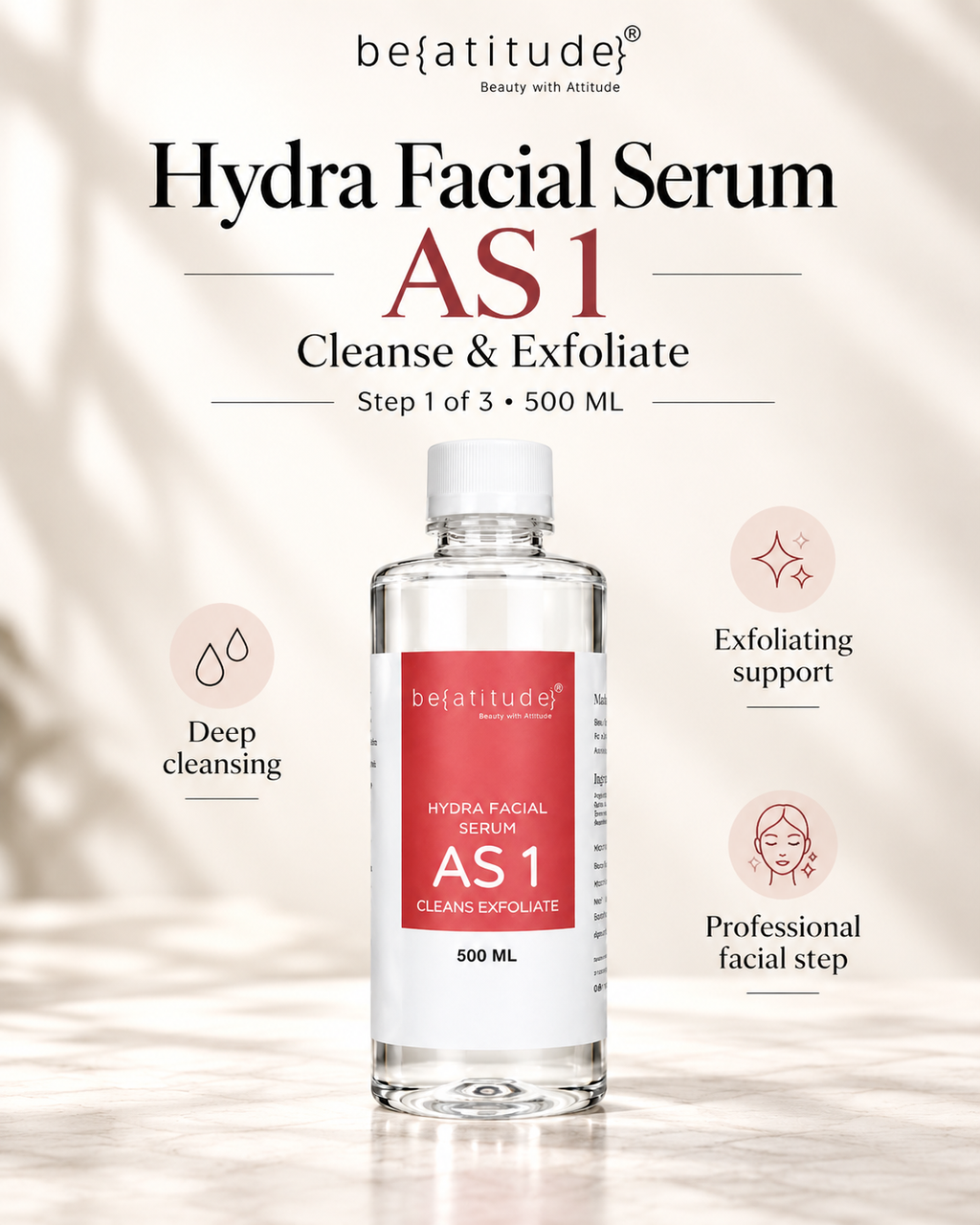 Beatitude Hydra Facial Serum Combo | AS1 + SA2 + AO3 | Professional 3-Step Hydra Facial Solutions | 3 × 500 ML