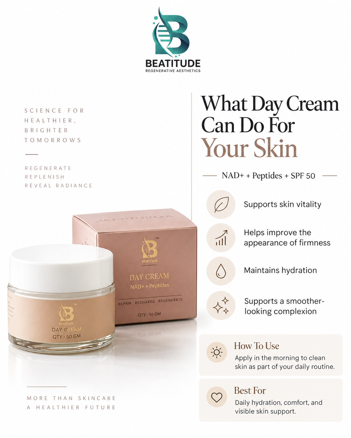Beatitude Day Cream – NAD+ + Peptides + SPF 50 | 50 GM Secondary image